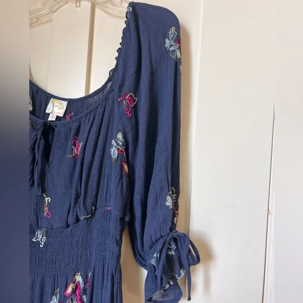 Fig and Flower Blue Embroidered Floral Tiered Modern Boho Maxi Peasant Dress L